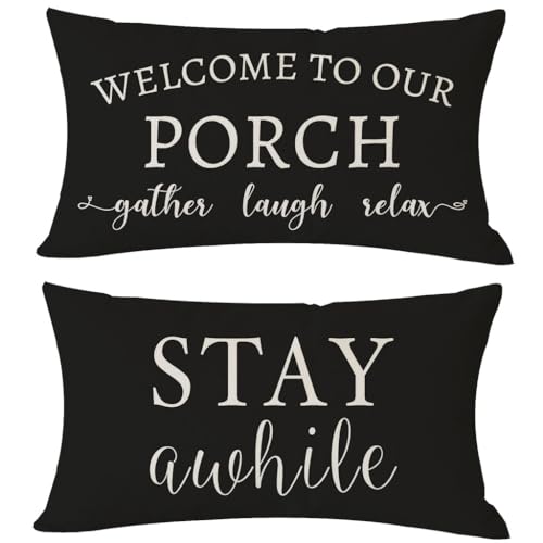 PANDICORN Welcome to Our Porch Stay Awhile Farmhouse Black and White Outdoor Lumbar Decorative Throw Pillow Covers 12x20 Inch Set of 2 Cozy Relax Porch Patio Decorations for Home Couch Bench Decor