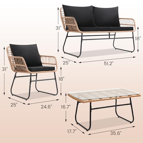Kromax 4 Piece Patio Bistro Outdoor Furniture Set, Wicker Sofa, 2 Rattan Chairs, and Table, Backyard Conversation Set, All Weather Cushions, Natural Rattan Black Cushion