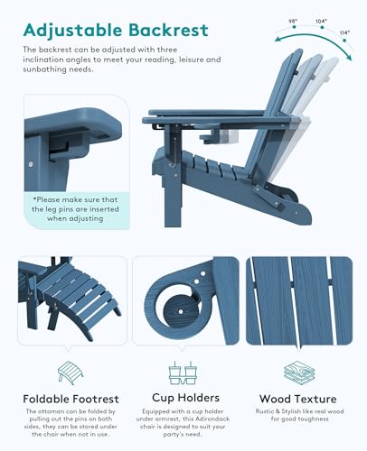 SERWALL 5-Piece Adirondack Chair and Ottoman and Table Set, HDPE Weather Resistant Adjustable Backrest Adirondack Chair with Ottoman and Side Table, Navy