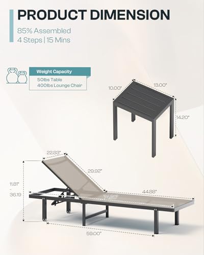 Oasbira Chaise Lounge Outdoor, Aluminum Pool Lounge Chairs with Wheels, 5 Adjustable Backrest - Easy to Move- Outdoor Lounge Chairs for Deck, Beach, Poolside (Khaki)