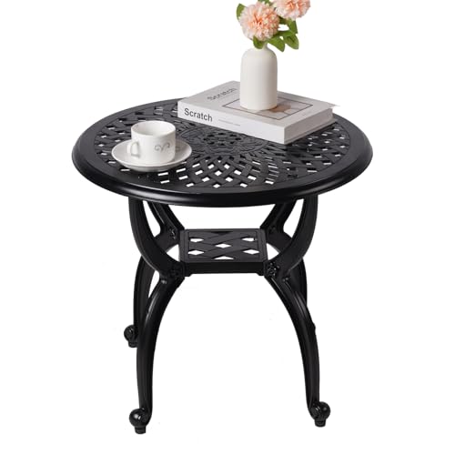 WILOUNGE Cast Aluminum Outdoor Side Table,Small Patio Table,Outdoor Coffee Tables for Patio,Garden,Balcony, for All Weather (Black, Round)
