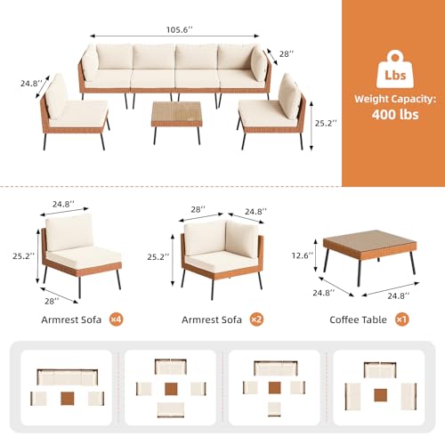 Aoxun 7-Piece Patio Furniture Set, Wicker Outdoor Furniture with Water Resistant Thick Cushions, Patio Conversation Set Outdoor Sectional Sofa with Coffee Table for Backyard Poolside, Beige