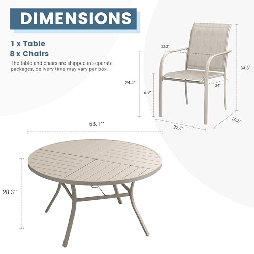 DIFY 9 Pieces Outdoor Patio Dining Set for 8, 53.1" Sandshell Round Metal Dining Table and 8 Sandshell Stackable Sling Dining Chairs, Outdoor Table and Chairs for Lawn Garden Backyard Deck