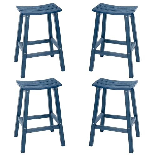 LAHAAP Weatherproof Bar Stools Set of 4, 28" Height Outdoor Bar Stools Holds up to 400 lbs, Saddle Seat, Bar Height Stools for Patio, Garden, and Kitchen Island, Blue