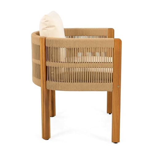 Christopher Knight Home Levi Set of 2 Outdoor Dining Chairs, Acacia Wood Patio Dining Room Chair with Waterproof Cushions, Rope-Wrapped Accents, Comfy Poolside Kitchen Chairs, Teak + Beige