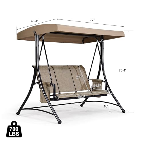 PURPLE LEAF 3-Seat Deluxe Outdoor Patio Porch Swing with Weather Resistant Steel Frame, Adjustable Tilt Canopy, Beige