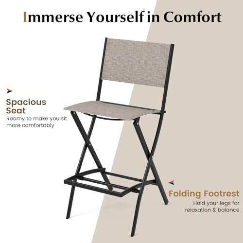 COSTWAY Outdoor Patio Bar Chair Set of 4, Folding Counter Height Stool with Metal Frame & Footrest, Patio Bar Stool for Balcony, Garden & Poolside (4, Coffee)
