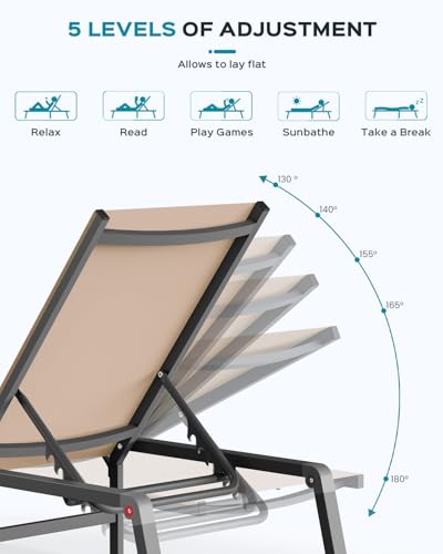 Ciokea Aluminum Chaise Lounge Ourdoor - Foldable & Assemble Free Outdoor Lounge Chair with 5 Adjustable Backrest, Patio Lounge Chair for Outside Poolside Beach Pool, Khaki