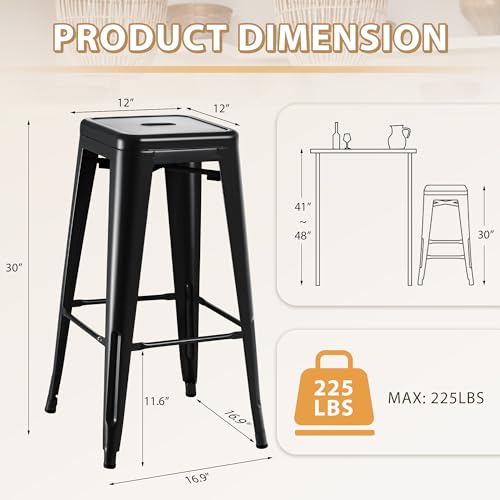Furmax 30 Inch Metal Bar Stools Set of 4, Counter Height Stools, Industrial Bar Chairs Patio Stool Stackable Stool for Kitchen/Dining Room/Indoor Outdoor(Dark Black, 30'' Backless)