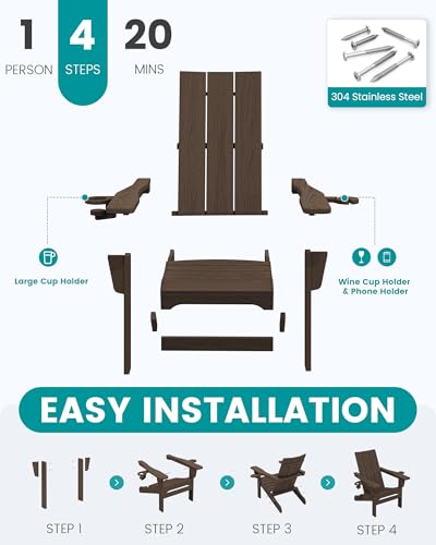SERWALL Modern Adirondack Chairs Set of 2, Folding Adirondack Chair with Cup Holders, Outdoor HDPE Adirondack Chair for Patio Lawn Garden, Coffee