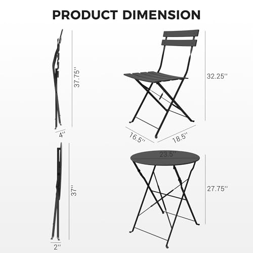 Grand patio 3-Piece Folding Bistro Set, 2 Chairs and 1 Table, Weather-Resistant Outdoor/Indoor Conversation Set for Patio, Yard, Garden-Black