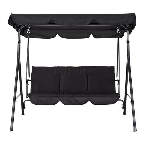 3-Seat Outdoor Patio Porch Swing with Stand, Adjustable Canopy & Thick Waterproof Cushions, Steel Frame Swing Outdoor Chair for Backyard, Front Porch, Lawn, Garden