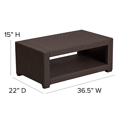 Flash Furniture Seneca Indoor/Outdoor Chocolate Brown Faux Rattan Coffee Table with Open Storage