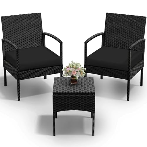PROHIKER 3 PCS Patio Rattan Conversation Bistro Chairs Set, Outdoor Patio Furniture Wicker Bistro Set with Coffee Table for Garden Porch Balcony Yard Lawn, Black