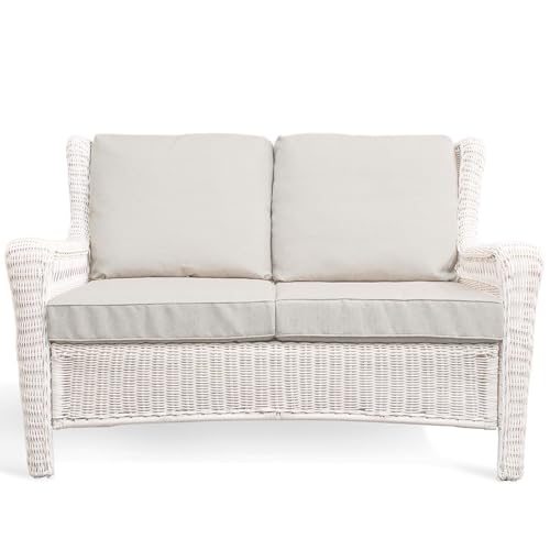 Krikacy Park Meadow Outdoor Wicker Loveseat Sofa with Waterproof Cushions, All-Weather HDPE Rattan Patio Sofa, Taupe Beige