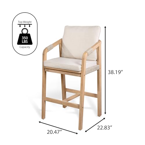JONATHAN Y Porto Acacia Wood Outdoor Bar Stool Set of 2 for Patio and Kitchen Counter, Coastal Woven Rope Armchairs with Removable Cushions, Light Teak BSL1200A-SET2