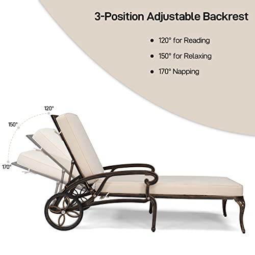 VINGLI Cast Aluminum Outdoor Chaise Lounge Chair with Wheels, Patio Chaise Lounges with 3-Position Adjustable Backrest, Pool Lounge Chair Reclining Chairs for Poolside Tanning (2, Bronze & Cushion)