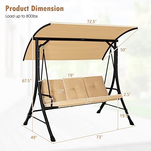 Tangkula 3 Person Porch Swing, Outdoor Swing with Removable Cushions, Solid Steel Structure, Patio Swing with Adjustable Canopy for Garden, Backyard, Balcony, Poolside Beige