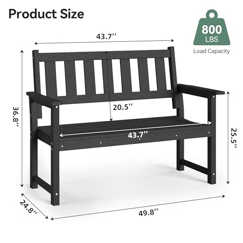 ACUEL 50" Poly Lumber Outdoor Bench, 2-Person HDPE Weatherproof Patio Garden Bench with 800 lbs Weight Capacity, Multi-Purpose Design Ideal for Porch, Backyard, Lawn, Park, Balcony and School (Black)