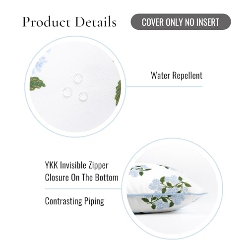 Hofdeco Premium Coastal Patio Indoor Outdoor Throw Pillow Cover Only, 20"x20" Water Repellent for Backyard, Couch, Baby Blue Print Hydrangea Flower