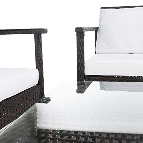 Safavieh Outdoor Collection Garnen Wicker Cushion 4-Piece Living Set PAT7714C, Brown/White