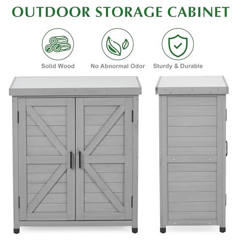 Outdoor Storage Cabinet & Potting Bench Table with Metal Top, Wooden Patio Furniture, Garden Workstation (Classic Grey, 36x31x17in)