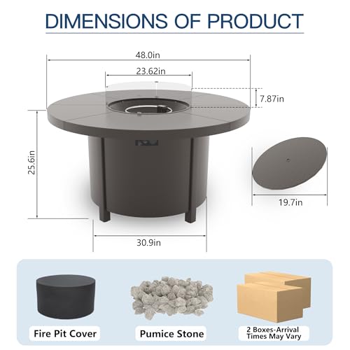 RTDTD 48" Round Propane Fire Pit Table,55000 BTU Round Firepit,Outdoor Fire Pit with Fire Glass,Lid,Waterproof Cover and Blue Glass Stone for Backyard,Garden,Patio