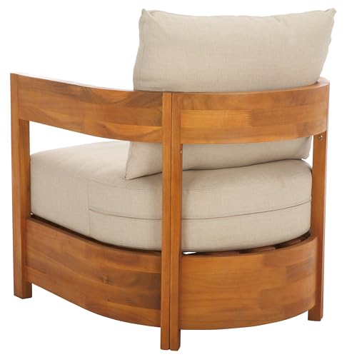 SAFAVIEH Outdoor Patio Furniture Collection - Kento Natural Wood Arm Chair Set of 2 with Taupe Cushions, Wide & Deep Comfortable Seating, Modern Design (PAT7097A)