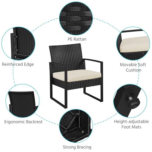 Yaheetech 3 Pieces Rattan Bistro Set, Outdoor Wicker Patio Modern Conversation Furniture, 2 Chairs & Tempered Glass Coffee Table for Garden, Balcony, Backyard, Poolside, Black/Beige