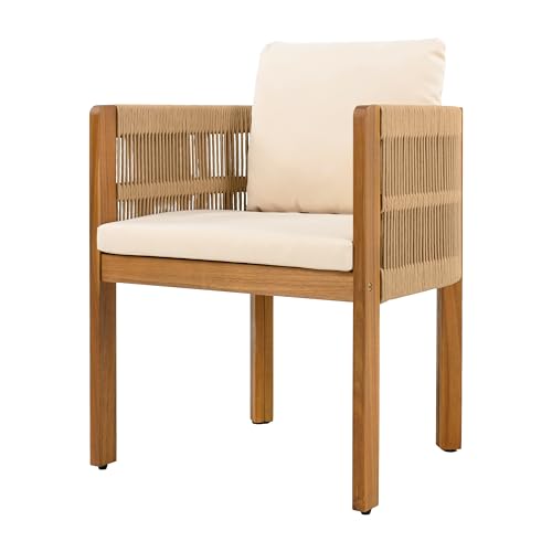 Christopher Knight Home Levi Set of 2 Outdoor Dining Chairs, Acacia Wood Patio Dining Room Chair with Waterproof Cushions, Rope-Wrapped Accents, Comfy Poolside Kitchen Chairs, Teak + Beige