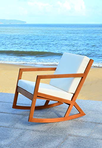 SAFAVIEH Outdoor - Vernon Rocking Chair - Natural & Beige - Solid Wood with Cushion - Shaker-Inspired Slatted Design - Ideal for Patio, Deck, Porch, Backyard, 24.6" Seat Height (PAT7013A)