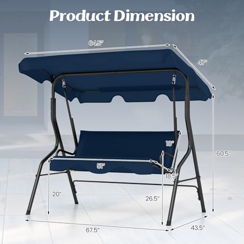 Tangkula 3 Person Porch Swing, Patio with Removable Cushion & Powder-Coated Steel Frame, Outdoor Swing with Canopy for Porch, Backyard, Garden, Balcony(Navy)