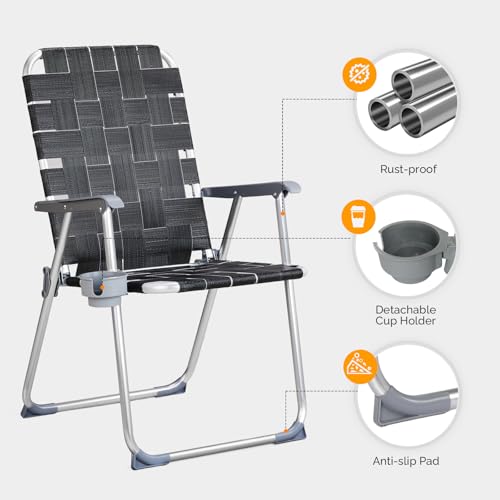 VINGLI Aluminum Patio Lawn Chairs Folding Set of 2 with Detachable Cup Holder, Webbed Beach Chair Folding Chair Outdoor Portable Camping Chair for Yard, Garden
