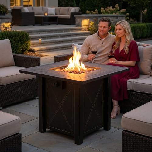 HOTEAGLE 30" Propane Fire Pit with Premium Ceramic Tabletop, 50000 BTU Powerful Gas Firepit Table - Includes Lid and Lava Rocks, Ideal Outdoor Fire Pit for Dining, Party in Patio, Garden, Yard