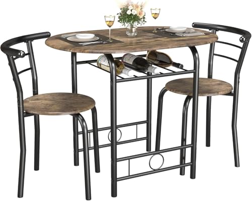 JUMMICO 3-Piece Wooden Round Table & Chair Set, Space Saving Kitchen Breakfast Nook Wood Grain Tabletop with Metal Frame and Built-in Wine Rack for Kitchen, Dining Room (Walnut/Black)