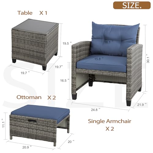 Vongrasig 5 Piece Patio Furniture Set, Small Balcony Furniture, PE Wicker Rattan Patio Chairs Set of 2, Outdoor Lounge Chairs with Cushions Ottomans &Glass Table for Porch Garden(Navy Blue)