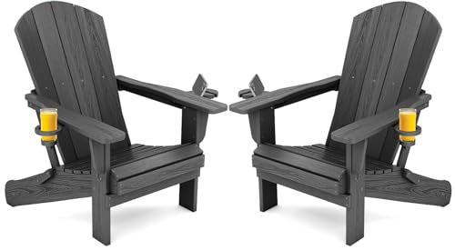 SERWALL Foldable Adirondack Chair Set of 2, HDPE Adirondack Chair with Wood-Texture-Gray