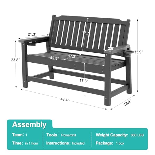 WELYAS Outdoor Bench with Unique 2 Cup Holders, Easy Assemble All Weather Low Maintenance Sturdy HDPE Bench for Garden Porch 2 Person,Grey
