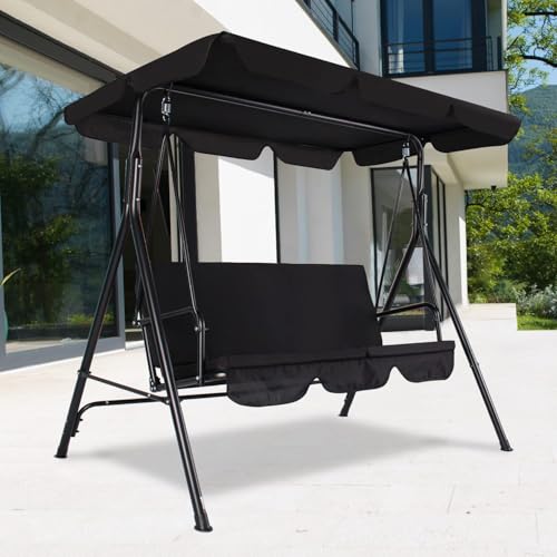3-Seat Patio Swing Chair,Outdoor Porch Swing with Adjustable Canopy and Durable Steel Frame for Patio, Garden, Poolside (Black)