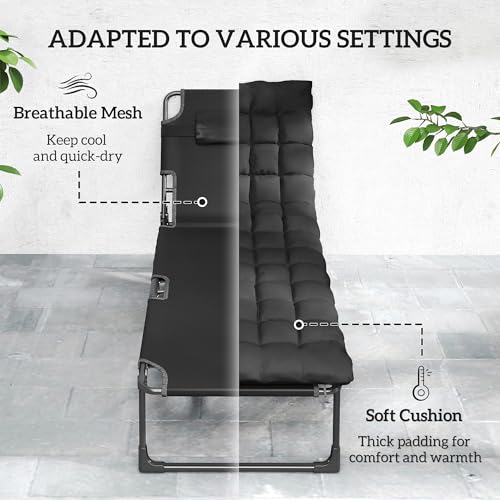 Outsunny Chaise Lounge Chair Outdoor Set of 2, 5-Position Reclining Pool Lounge Chairs with Cushions, Side Pocket, Headrest, Folding Lounger Tanning Chair Camping Cot for Patio, Beach, Black