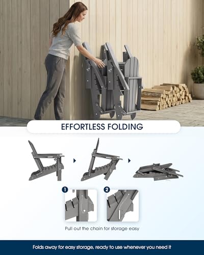 MUCHENGHY Folding Adirondack Chairs Set of 2 HDPE Weather Resistant, Patio Firepit Chairs, Sturdy Outside Chairs, Lawn Chairs, 15min Assembly 380lb Grey