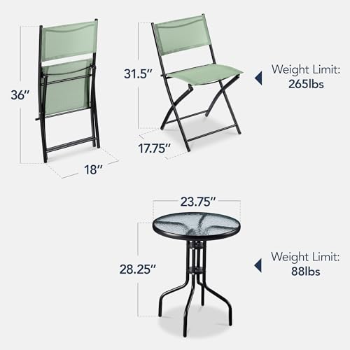 Best Choice Products 3-Piece Patio Bistro Dining Furniture Set w/Textured Glass Tabletop, 2 Steel Folding Chairs, Polyester Fabric - Sage