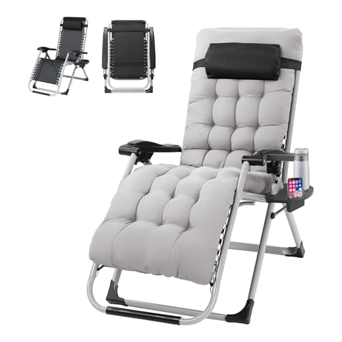 VINGLI Padded Zero Gravity Chair, Lounge Chair with Removable Cushion & Tray， Folding Reclining Patio Chairs， Recliner Chair for Lawn，Indoor and Outdoor