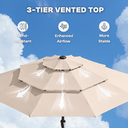 Patio Kingdom 10ft 3-Tier Patio Umbrella with 32 Solar Powered LED Lights, Windproof Outdoor Market Umbrella for Deck, Poolside & Garden, Sturdy Push-Button Tilt Table Umbrella, Beige