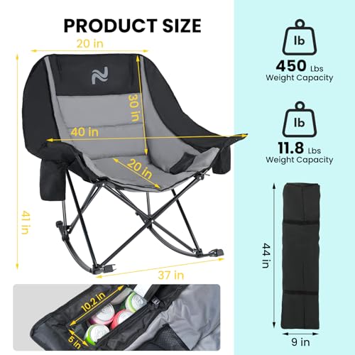 NAIZEA Folding Rocking Camping Chair, Portable Outdoor Rocker with Cooler Bag - 400lbs Capacity, 600D Oxford Fabric, Easy Fold Padded Rocker Chair for Patio, Lawn, Camping, Backyard, Beach