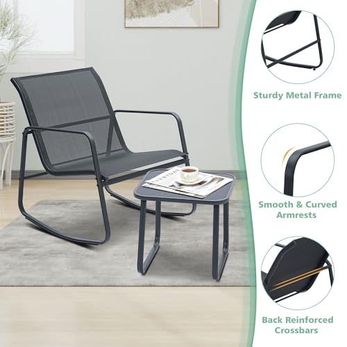 Ainfox 3 Piece Patio Outdoor Furniture Set, Textilene Fabric Patio Conversation Bistro Set with Rocking Bistro Chairs and Table, Small Patio Furniture Set for Backyard, Lawn, Garden, Poolside