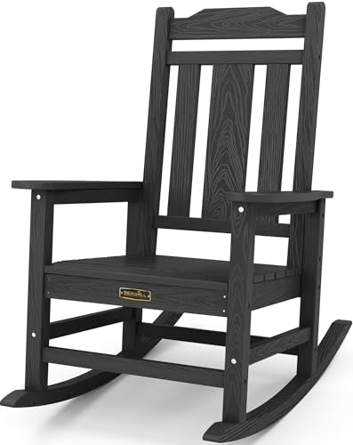 SERWALL Oversized Rocking Chair Outdoor, HDPE Outdoor Rocking Chair for Adults, Heavy Duty Front Porch Rocker Black