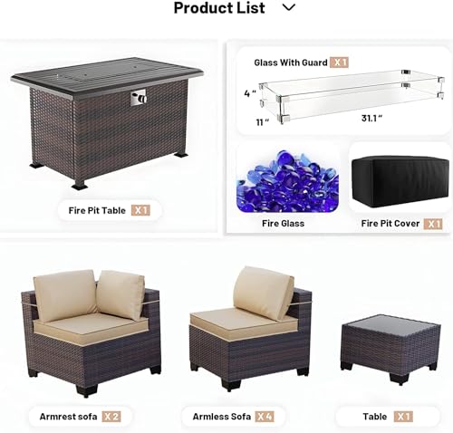 Kullavik 8 Pieces Outdoor Patio Furniture Set,Sectional Sofa Set with 43" 55000 BTU Gas Propane Fire Pit Table,Brown PE Rattan Wicker Patio Conversation Set,Sand