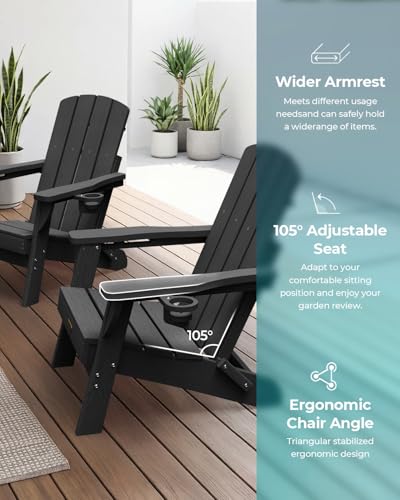 SUUNYN Folding Adirondack Chair, HDPE All-Weather Fire Pit Chairs, Plastic Adirondack Chairs with 2 Cup Holder, Outdoor Lawn Chair for Patio Garden (Black)