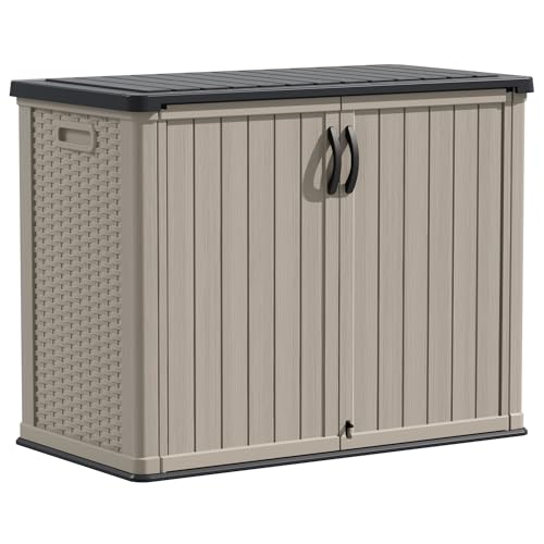 Devoko Outdoor Storage Cabinet 26 Cu Ft with Lockable Doors, Horizontal Storage Shed Waterproof Patio Tools Storage Box for Sofa Cushions, Gardening Tools and Accessories (Beige)